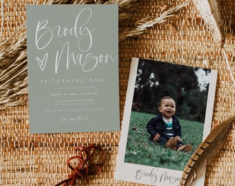 First Birthday Invitation Template, Sage Birthday Invite Instant Download, Dusty Green Photo 1st Birthday Invitation, Boy Birthday DIY JOLIE