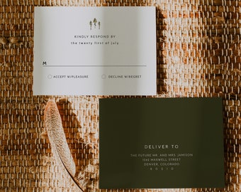 JENNA Pine Tree RSVP Card Template, Printable Response Card, Forest Wedding rsvp, Instant Download 100% Editable Wedding Reply Card DIY