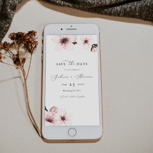 HARUMI / Modello di messaggio di testo con fiori di ciliegio Save the Date, Sakura Save the Date, Blush Floral Save the Date Evite, Invito elettronico