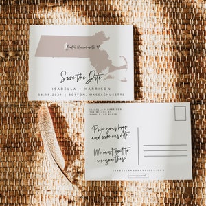 Modelo de reserva de data QUINN Massachusetts, cartão postal de reserva de data de Massachusetts, casamento com tema de viagem, mapa Boston Blush Rose Gold faça você mesmo