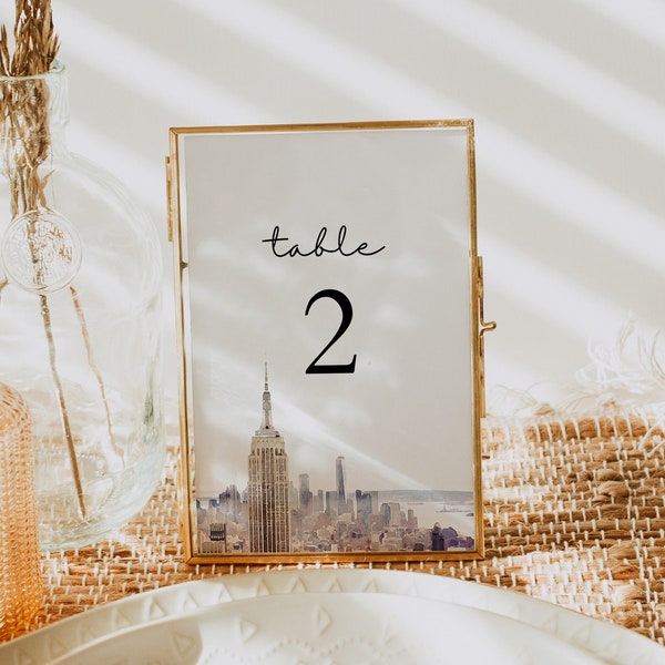 NEW YORK CITY Table Number Template, Nyc City Skyline Wedding Table Number Cards, Destination Travel Themed Adventure Table Header Card