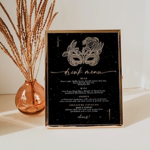 CELINE Masquerade Getränkekarte Vorlage, Maskenball Bar Menükarte Poster zum ausdrucken, Gold und Schwarz Elegante Silvester Party Beschilderung DIY