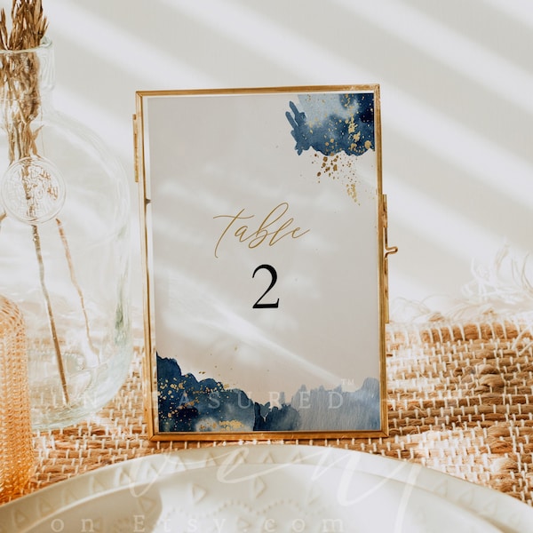 STELLA Table Number Template, Navy and Gold Table Numbers, Blue Watercolor Table Numbers Printable, Winter Table Number Shower Birthday DIY