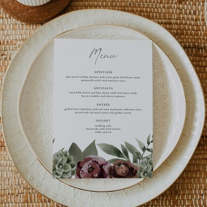 Modèle de Menu de mariage floral et succulent AVA Bourgogne, cartes de menu de mariage imprimables, carte de menu succulente, carte de menu 5 x 7 et 4 x 8 Templett