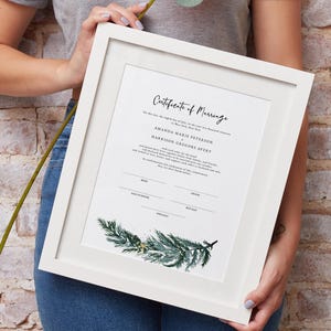 Plantilla de certificado de matrimonio de pino invernal, certificado de matrimonio de montaña imprimible, decoración rústica para ceremonias de boda - BEATA