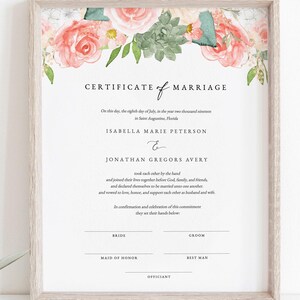 Blush Floral Heiratsurkunde, Pfirsich Blumen Heiratsurkunde druckbares Andenken, Sukkulente Heiratsurkunde Wüste - FINLEY