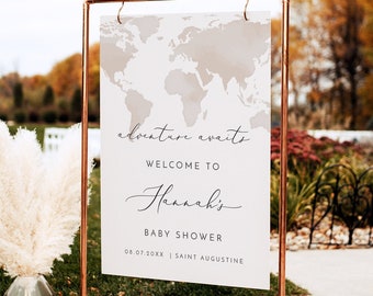 Watercolor Map Baby Shower Welcome Sign, Adventure Baby Shower Welcome Poster, Travel Themed Baby Shower, Destination Baby Shower CARMEN