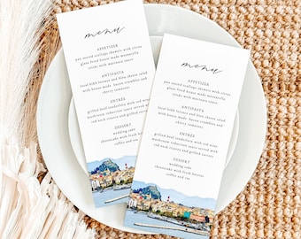 CORFU Wedding Menu Template, Corfu Skyline Table Menu Cards, Corfu Greece Watercolor Dinner Menu, Greek Wedding Menu Instant Editable