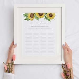 Sonnenblume Hochzeit Heirat Zertifikat Vorlage, Hochzeit Gästebuch Alternative, Gästebuch Zeichen Poster Sofort Download druckbare - EMMA