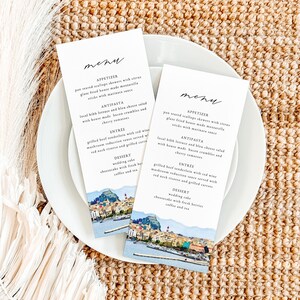 Modèle de Menu de mariage de CORFOU, cartes de menu de Table d'horizon de Corfou, menu du dîner aquarelle de Corfou en Grèce, Menu de mariage grec modifiable instantanément