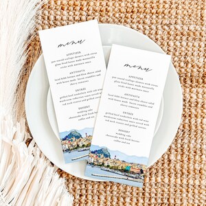 CORFU Wedding Menu Template, Corfu Skyline Table Menu Cards, Corfu Greece Watercolor Dinner Menu, Greek Wedding Menu Instant Editable image 1