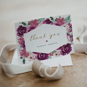 Modello di biglietto di ringraziamento floreale magenta, stampabile con grazie bordeaux e oro, fai da te con ringraziamento per baby shower e compleanno color malva Boho - GWEN