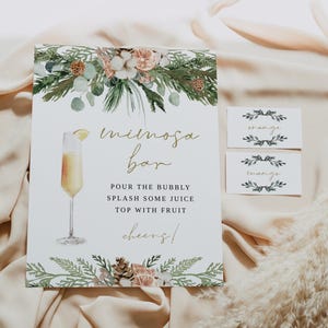 Mimosa Bar Sign, Scandinavian Christmas Mimosa Bar Sign and Tags, Winter Wedding Mimosa Bar Sign Instant Download Editable Baby Bridal INGE
