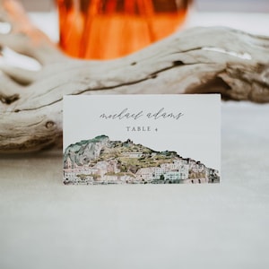 Plantilla de tarjeta de lugar de la costa de Amalfi, tarjeta de lugar del horizonte de Amalfi, tarjetas de lugar para bodas de destino imprimibles, aventura de boda italiana en el extranjero