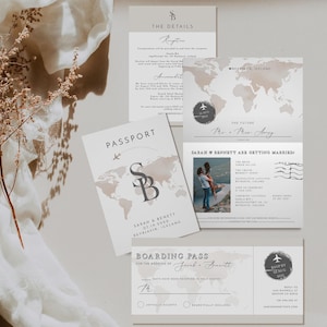 Passport Wedding Invitation Template Suite, Travel Themed Wedding Invitation Instant Download, Adventure Abroad Boarding Pass Earthy CARMEN