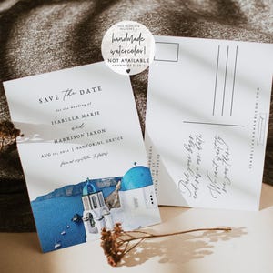 Modèle réservez votre date de SANTORIN, réservez cette date pour mariage sur la ligne d'horizon de Santorin, réservez cette date aquarelle en Grèce, réservez cette date grecque Evite DIY