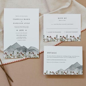 Berg Hochzeit Einladung Vorlage Set, Wildblumen Hochzeitseinladung Set, Boho Hochzeit einladen, Boho Wald rustikal Instant - HEIDI