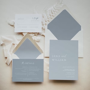 Dusty Blue Wedding Invitation Template Suite, Sky Blue Wedding Invitation Set, Minimalist Slate Blue Wedding Invite 3 Pc Kit Instant KENNEDY