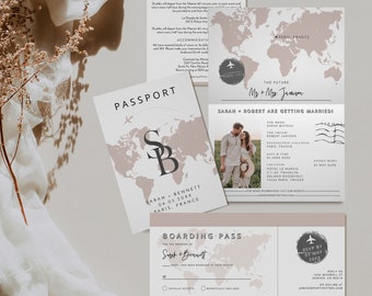 QUINN Passport Wedding Invitation Template Suite, Travel Themed Wedding Invitation Set, Adventure Wedding Invite, Blush Map Boarding Pass