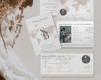 Passport Wedding Invitation Template Suite, Travel Themed Wedding Invitation Instant Download, Adventure Abroad Boarding Pass Earthy CARMEN