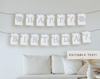 Plantilla de pancarta de feliz cumpleaños de invierno de RORY, pancarta de cumpleaños imprimible con copos de nieve congelados, banderines de cumpleaños azul bebé, letrero de bienvenida DIY