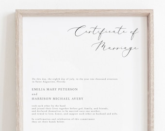 EVELYN Minimalist Marriage Certificate Template, 8x10 & 16x20" Marriage Certificate, Wedding Keepsake Printable, Modern Handfasting Cert
