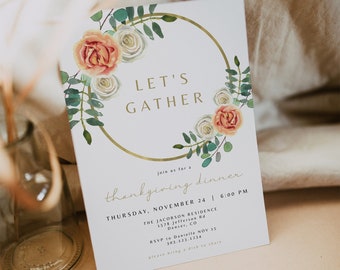 BROOKS Rustic Peachy Orange Floral Let's Gather Thanksgiving Dinner Invitation Template