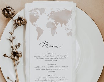 Watercolor Map Wedding Menu Template, Destination Wedding Menu Cards, Printable Menu Cards 5x7 & 4x8, Travel Wedding Menu Cards CARMEN