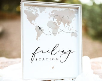 Fueling Station Sign Printable, Airplane Baby Shower Gift Table Sign, Destination Travel Themed Birthday Table Sign Watercolor Map CARMEN