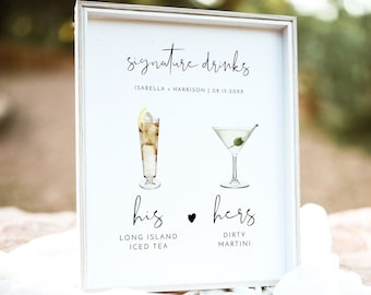 Minimalist Signature Drink Sign Template, Printable Signature Drink Sign For Wedding, Modern His and Hers Drink Bar Sign Editable ADELLA
