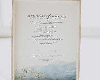 BLAKELY Marriage Certificate Template, Blue Watercolor Marriage Certificate, Printable Wedding Keepsake, Dusty Blue Wedding Ceremony Sign