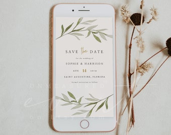 ESME Electronic Save the Date Template, Greenery Save the Date, Text Message Save the Date Evite Instant, Boho Bohemian Greenery and Gold