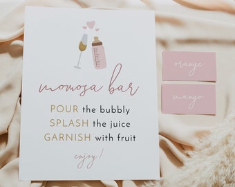 ANDI Momosa Bar Sign Template, Poppin' Bottles Momosa Bar Sign and Tags Printable, Blush Baby Shower Drink Sign, Pink Girl Baby Shower Signs