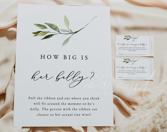 ISABELLA How Big is Her Belly Sign Template, How Big is Mom's Belly Baby Shower Sign, Modern Greenery Baby Shower, Gender Neutral Baby DIY