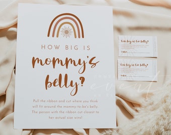 TINLEY How Big is Mommy's Belly Game, Boho Rainbow Baby Shower Games Printable, Gender Neutral Terracotta Sunburst How Big is Her Belly DIY