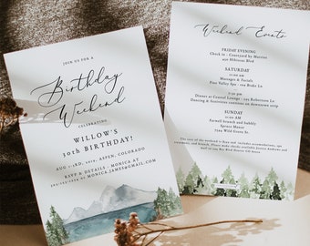 CLOVER Mountain Birthday Party Invitation & Itinerary Template, Lake Birthday Invitation, Camping Birthday, Skiing Birthday Snowboarding