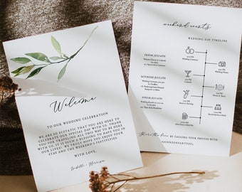 ISABELLA Greenery Wedding Welcome Letter and Itinerary Template, Garden Welcome Card, Minimal Green Wedding Timeline, Wedding Welcome