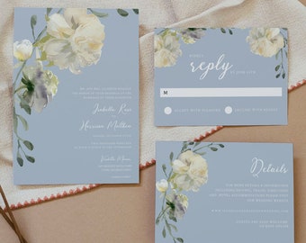 FAYE | Wedding Invitation Template, Dusty Blue Wedding Invitation, Wedding Suite, Printable Wedding Invitation Baby Blue White Peony Floral