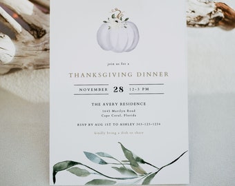 TERA Watercolor Greenery White Pumpkin Thanksgiving Dinner Invitation Template