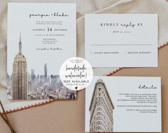 NEW YORK CITY Wedding Invitation Template Suite, New York Skyline Wedding Invitation, Nyc Skyline, Watercolor New York Empire State Set