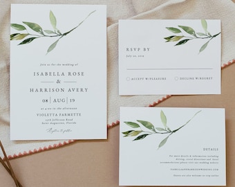 ISABELLA Minimal Greenery Wedding Invitation Suite, Printable Wedding Invitation, Garden Wedding Invitation, Wedding Invitation Template