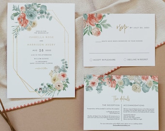 VERA Wedding Invite Set, Bohemian Wedding Invite, Fall Wedding Invitation Suite, Pastel Wedding, Succulent Wedding, Geometric Wedding Invite