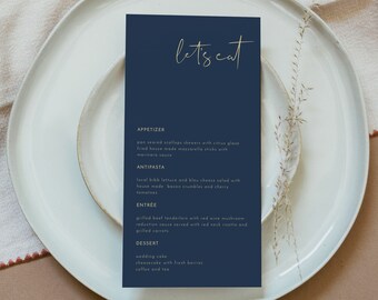 CAITLIN  Navy and Gold Wedding Menu Template, Modern Minimalist Wedding Menu Printable, Winter Wedding Table Menu Let's Eat  DIY