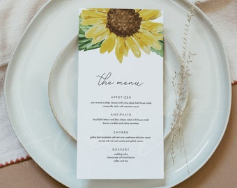 EMMA Sunflower Menü-Vorlage, rustikales Hochzeitsmenü zum Ausdrucken, Herbsthochzeitsmenü Instant Templett, Scheunenhochzeits-Menükarte, Herbst-Menükarten