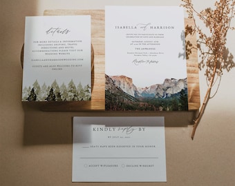 YOSEMITE Wedding Invitation Template Suite, Watercolor Yosemite Valley Destination Wedding Invite Printable, National Park Mountain Rustic