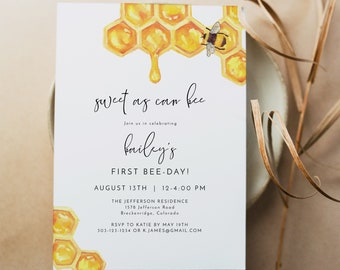ROMY Bee Birthday Invitation Template, Bumble Bee Birthday Invitation, First Birthday Invitation Girl, Honey Birthday Invite Printable DIY