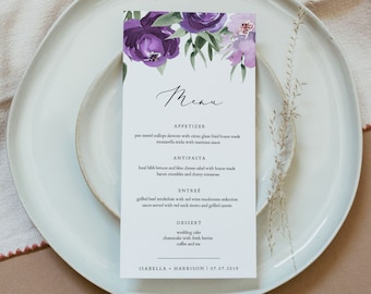 LILAH Lila Blumen Hochzeitsmenü Vorlage, Lila Hochzeitsmenükarten, Brautparty Menü, Hochzeitsmenü Sofort Download, Templett Menü