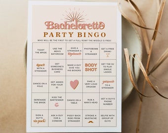 Bachelorette Bingo Game Printable, Retro Bachelorette Games, 70's Themed Bachelorette Bar Games Instant Download Sunburst Editable TRIXIE