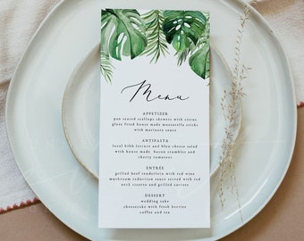 Tropical Wedding Menu Template, Watercolor Palm Menu Cards Instant Download, Beach Wedding Menu, Tropical Shower Menu Printable Island CORA