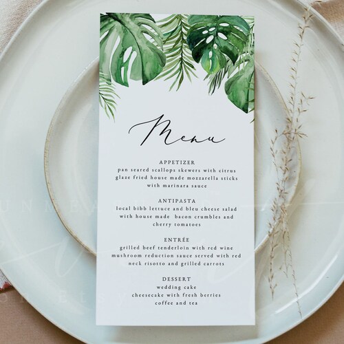 Palm Leaf Menu Card Editable Template WBG1 Luau Tropical Dinner Menu